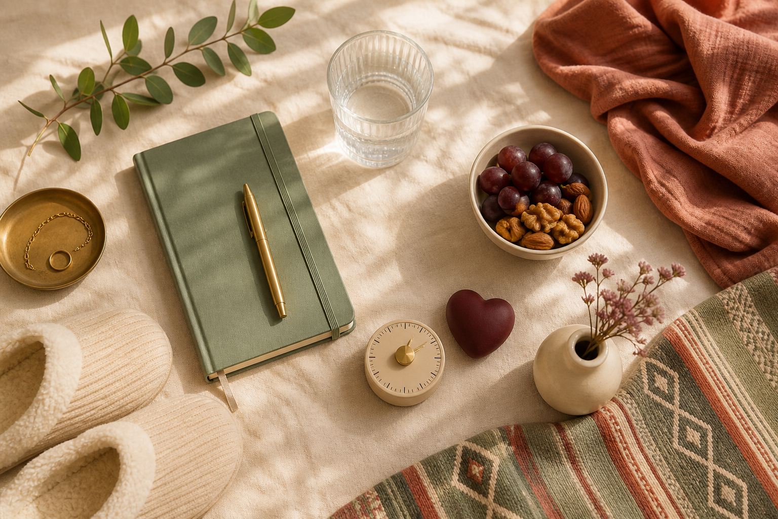 A calm arrangement of a journal, water, nourishing snack, timer, slippers and warm woven textiles