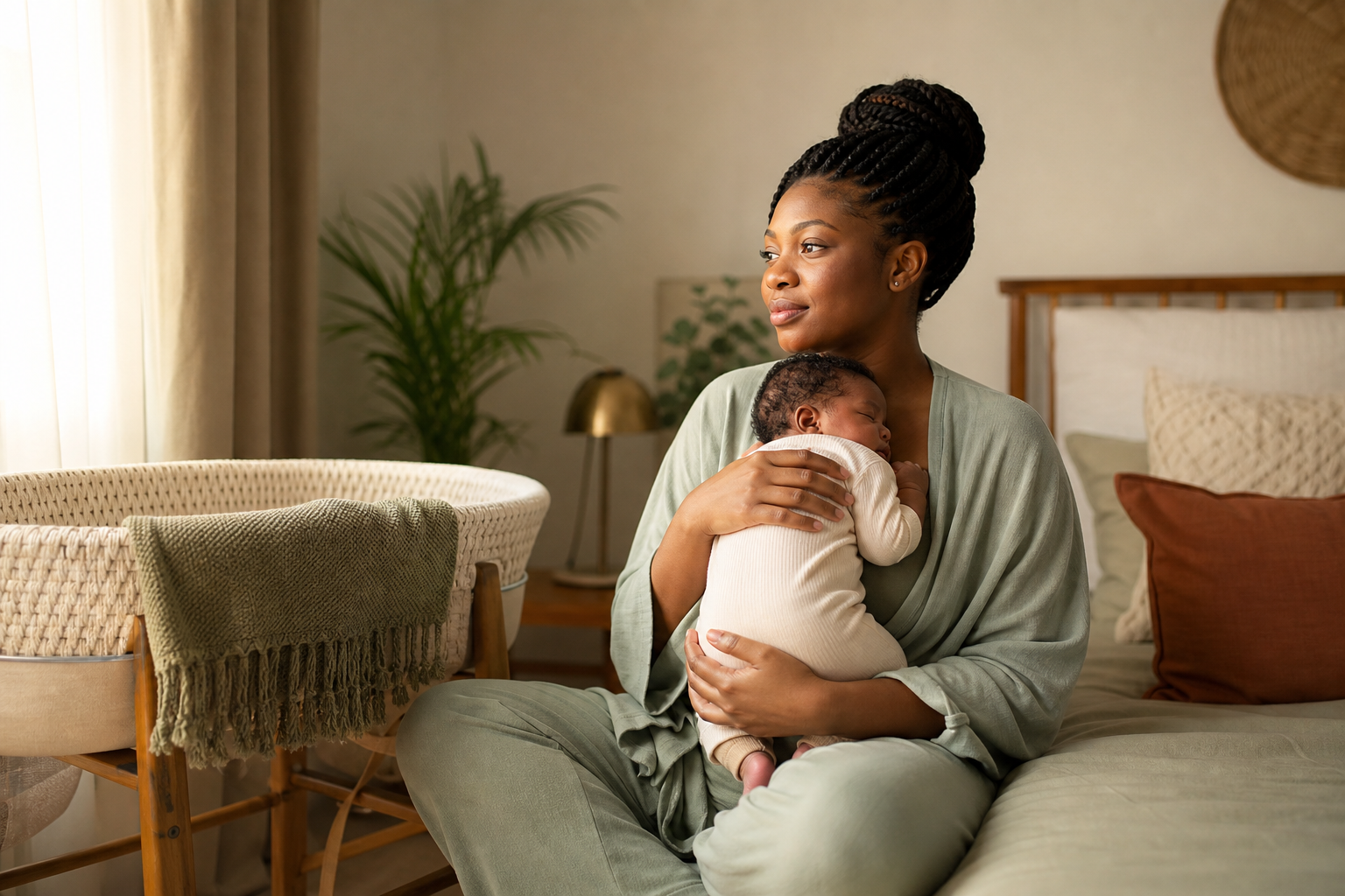A Black new mother holding her sleeping baby in a calm, softly lit room