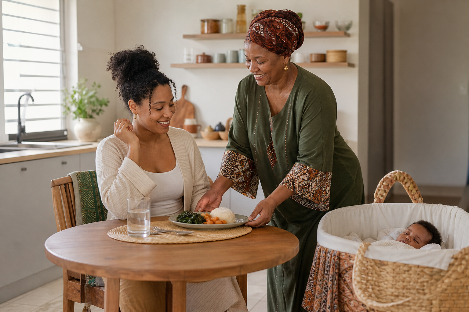 A Black mother receiving a nourishing meal from a supportive relative while her baby rests nearby
